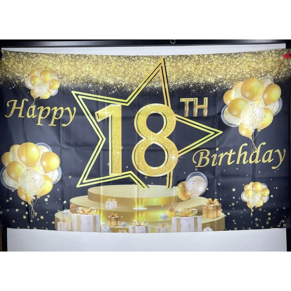 18th Birthday 6 Foot Banner And 8 Party Hats Partially Customized Black Gold Set
